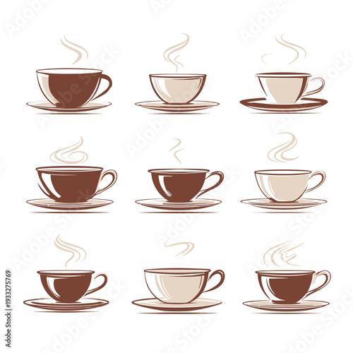 Various steaming hot coffee and tea cups with saucers vector collection, ideal for cafe, breakfast, and beverage design elements.