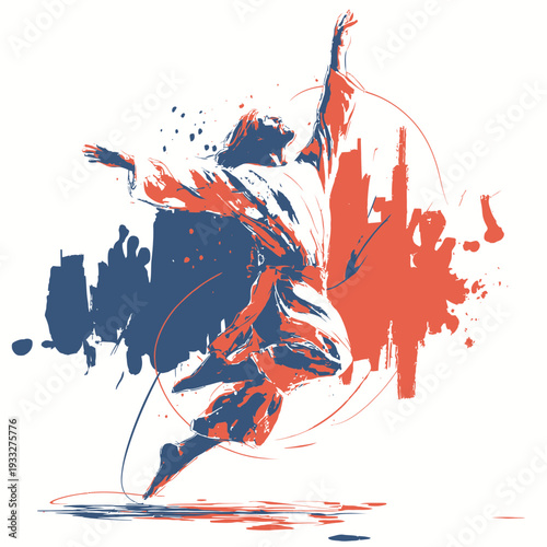 Dynamic abstract graphic art illustration of a joyful person leaping in freedom and celebration against a vibrant urban city skyline background.