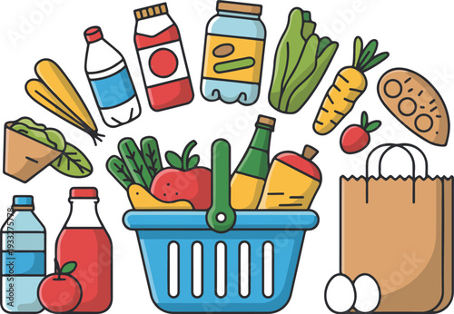 Grocery shopping basket full of fresh vegetables and organic products on transparent background vector design