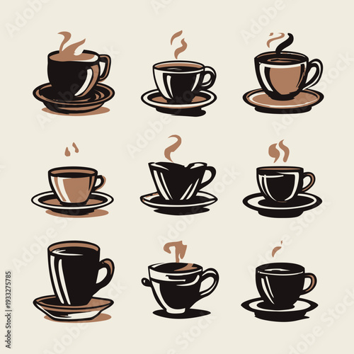 Collection of Steaming Hot Coffee or Tea Cups in a Vintage Illustration Style, Perfect for Cafe Menus and Beverage Designs