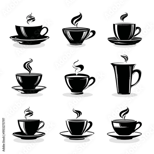Collection of black steaming coffee cups, tea mugs, and espresso glassware silhouettes. Vector graphic icons for beverage menus and cafe branding.