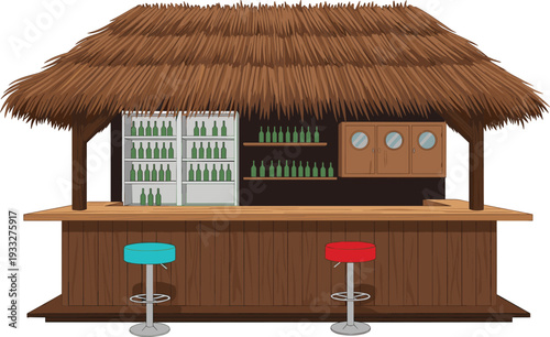 Tropical Beach Bar Hut with Thatched Roof and Stools Cartoon Vector Illustration
