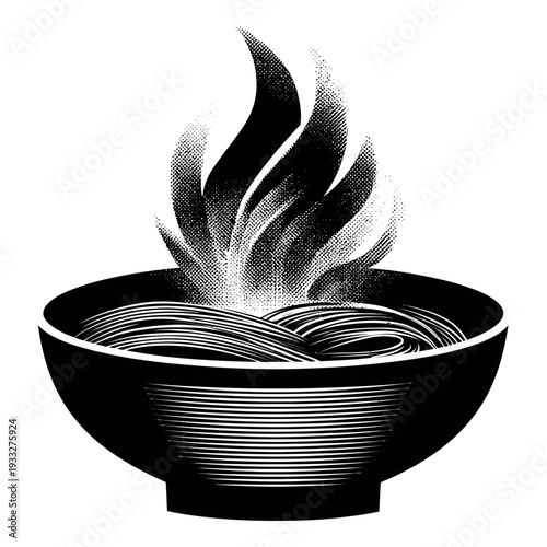 Textured monochrome illustration of hot noodles in a bowl with rising steam, vintage woodcut style artwork, food graphic.