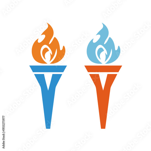 Stylized torch icons with dynamic flames in vibrant orange and cool blue, representing unity, competition, or illumination.