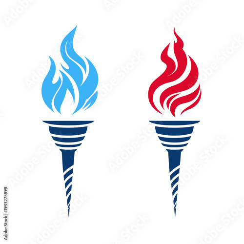 Stylized Burning Torches with Dynamic Blue and Red Flames, Symbolic Graphic Elements Representing Power and Light
