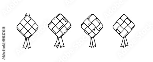 Hand-drawn ketupat, a traditional diamond-shaped rice cake, displayed in a sequence of four illustrations