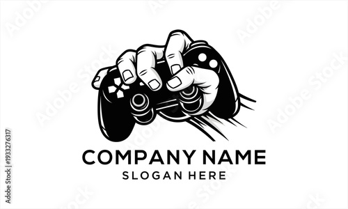 Monochrome illustration of a hand gripping a video game controller, perfect for gaming brands.