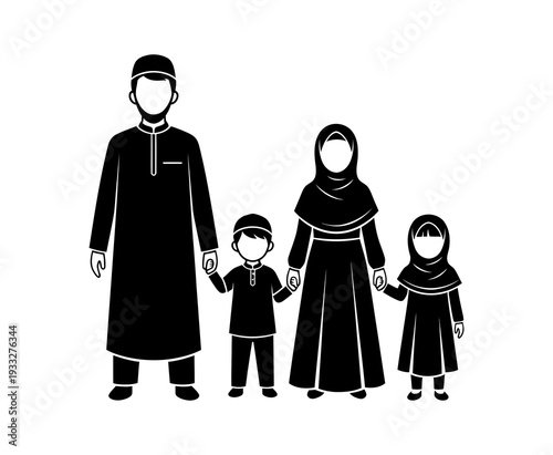 Minimalist black silhouette of a happy Muslim family unit featuring a father, mother, and two children holding hands, symbolizing love, unity, and traditional family values