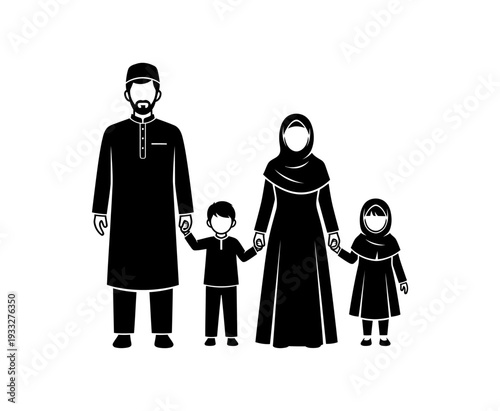 A loving Muslim family portrait showcasing parents and two children holding hands, representing strong familial bonds, unity, and cultural identity in a cohesive group