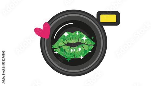 Sparkling green glitter lips through digital camera lens for creative beauty photography and Saint Patrick's Day makeup