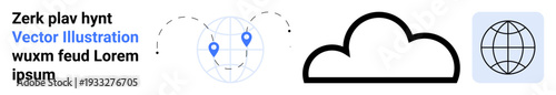 Cloud computing, global navigation, digital transformation, data storage, online communication, network systems. A cloud icon, globe design and dotted navigation paths. Cloud computing and global