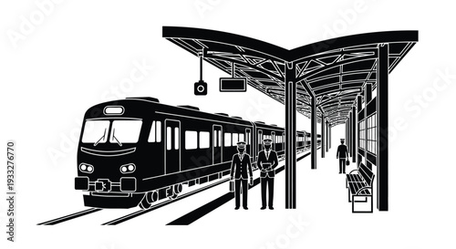 A black and white illustration of a train arriving at a station