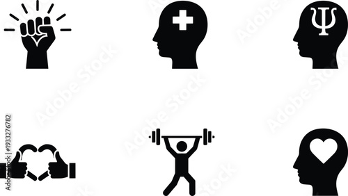 mental, health, psychology, support, motivation, fitness, strength, love, mind, therapy, wellness, empowerment, positive, lifestyle, icon, set, vector, care, coaching, balance