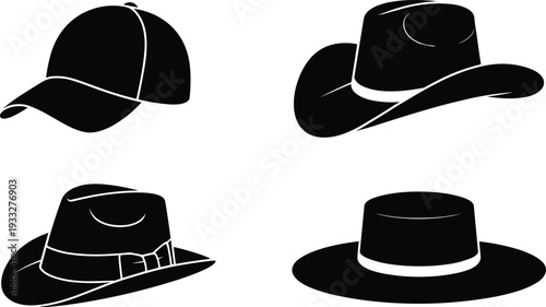 Black silhouette headwear set featuring baseball cap, cowboy hat and fedora styles isolated on white background for fashion vector illustration collection