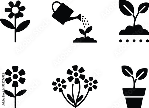 gardening, plant, flower, watering, seedling, growth, nature, garden, care, ecology, agriculture, spring, icon, set, vector, floral, environment, green, botany, nurture