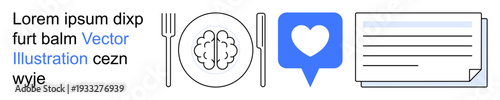 Nutrition, mental health, communication, mindfulness, food choices, healthy lifestyle. A brain on a plate with cutlery, chat bubble with heart and document lines. Nutrition and mental health concept