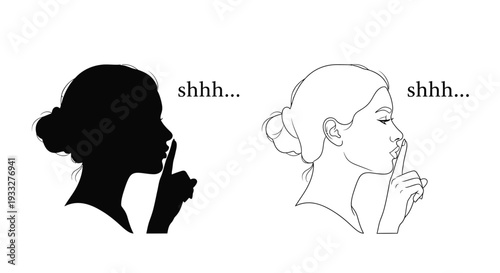 Two women depicted in profile gesturing for silence with a finger to the lips
