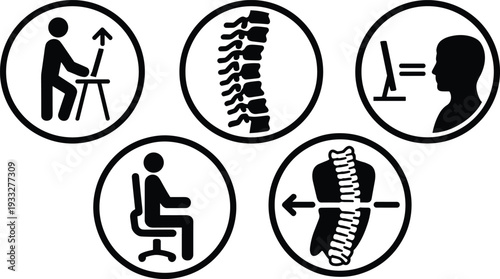 Ergonomic workstation icons showing proper sitting posture, spinal alignment, monitor height adjustment, healthy spine care, and computer desk setup for office wellness