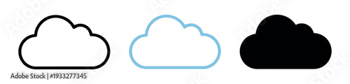 Three cloud icons in outline, blue, and black styles. Simple weather symbols representing overcast skies and atmosphere for interface design.