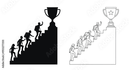 Businesspeople climbing stairs toward a trophy depicted in two styles