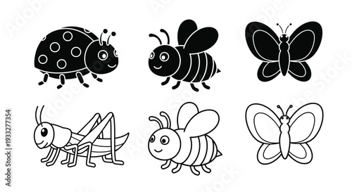 Black and white cartoon illustrations of various insects and bugs