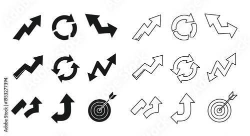 Collection of various black arrow and circular diagram icons