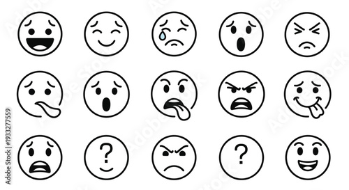 Collection of black and white facial expression emoticons in a grid layout