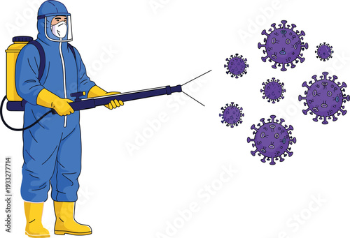Hazmat Worker Disinfecting Virus with Sprayer Cartoon Vector Illustration Pandemic Protection Concept