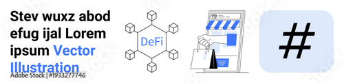 Blockchain network with DeFi caption, smartphone storefront with shopping bags, and social metadata tag. Ideal for fintech, e-commerce, blockchain, social media, retail, marketing simple landing