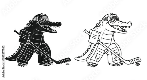 An alligator hockey player depicted in two black and white variations