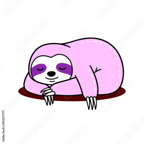 Adorable pink cartoon sloth sleeping peacefully, cute lazy animal character illustration for relaxation and napping.
