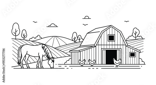 A simple line drawing depicts a rural farm scene with a horse
