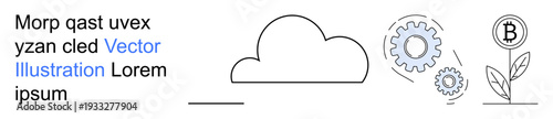 Technology, blockchain, cloud computing, data exchange, cryptocurrency, innovation. A cloud icon, gears and a plant with a Bitcoin symbol. Technology and blockchain integration concept