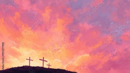 Three crosses stand silhouetted against a vibrant, painterly sunset sky