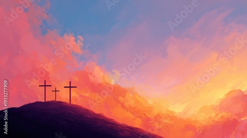 Three crosses stand silhouetted against a vibrant, dramatic sunset sky