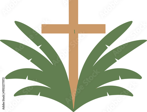 A wooden cross adorned with palm leaves symbolizing faith and palm sunday