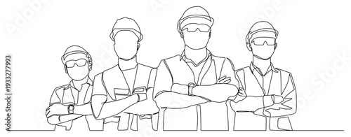 Minimalist single line drawing of a professional construction team standing confidently with crossed arms, wearing safety helmets and protective gear.