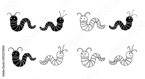 Collection of adorable cartoon caterpillars in black and white line art