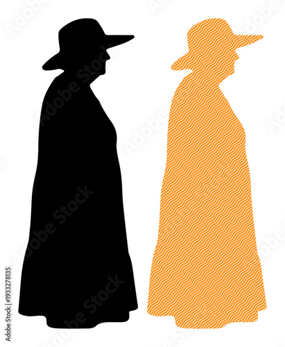 Two silhouettes of an elderly person in a hat and cloak, one black, one orange