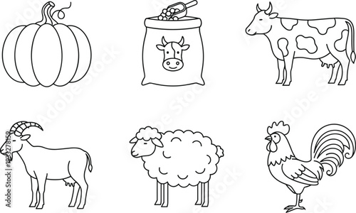 farm, animals, cow, sheep, goat, rooster, pumpkin, feed, agriculture, livestock, rural, harvest, dairy, poultry, icon, set, outline, vector, farming, nature