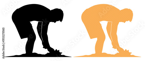Person bending down and interacting with the ground, shown in silhouette and orange outline