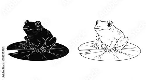 Two frogs sitting on lily pads one black one white illustration