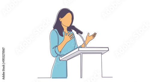 Line art illustration of a woman giving a public speech at a podium