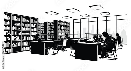 A modern library interior with students studying at desks and bookshelves