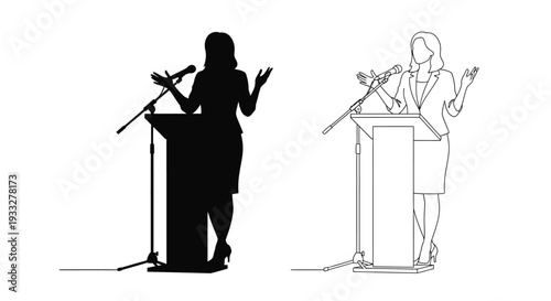 Woman giving a speech at a podium shown in silhouette and outline