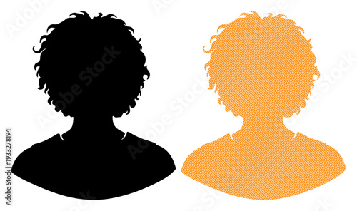 Two contrasting silhouettes of a person with curly hair, one black, one orange, against a white background