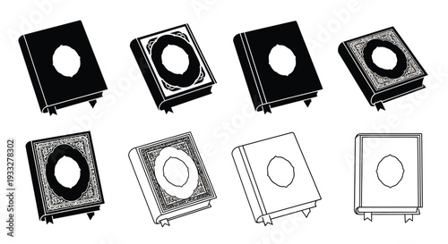 A series of black and white book icons with circular designs
