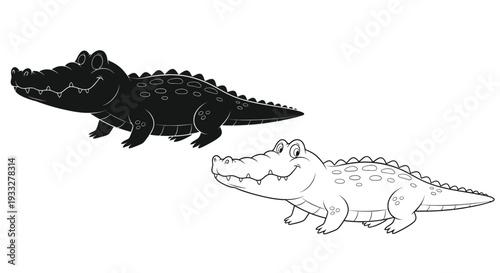 Two cartoon alligators one shaded and one outlined are shown side by side