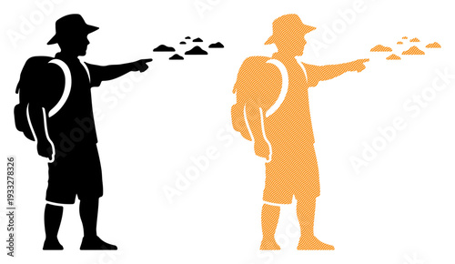 Adventurer with backpack points towards distant destination