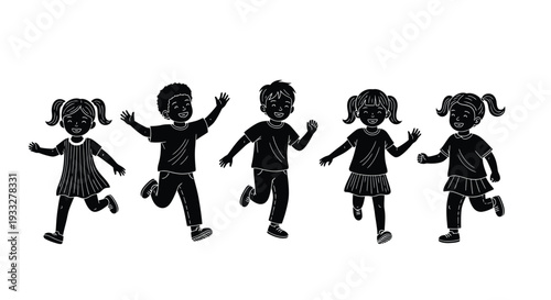 Five children cheerfully running and playing together in a simple style